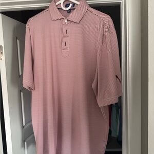 Men's Red and White Striped Polo Shirt